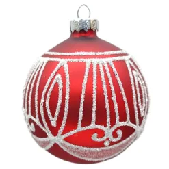 ORN GLASS BALL 3″ RED MATT SCALLOP W/ WHITE GLITTER