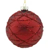 ORN GLASS BALL 3″ RED MATTE W/ GLTR TRIANGLE PATT