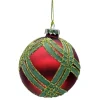 ORN GLASS BALL 3″ RED MATTE W/ GREEN & GOLD RIBBON PATERN