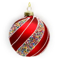 ORN GLASS BALL 3″ RED MATTE W/ SPIRAL CANDY GLITTER & SEQUINS