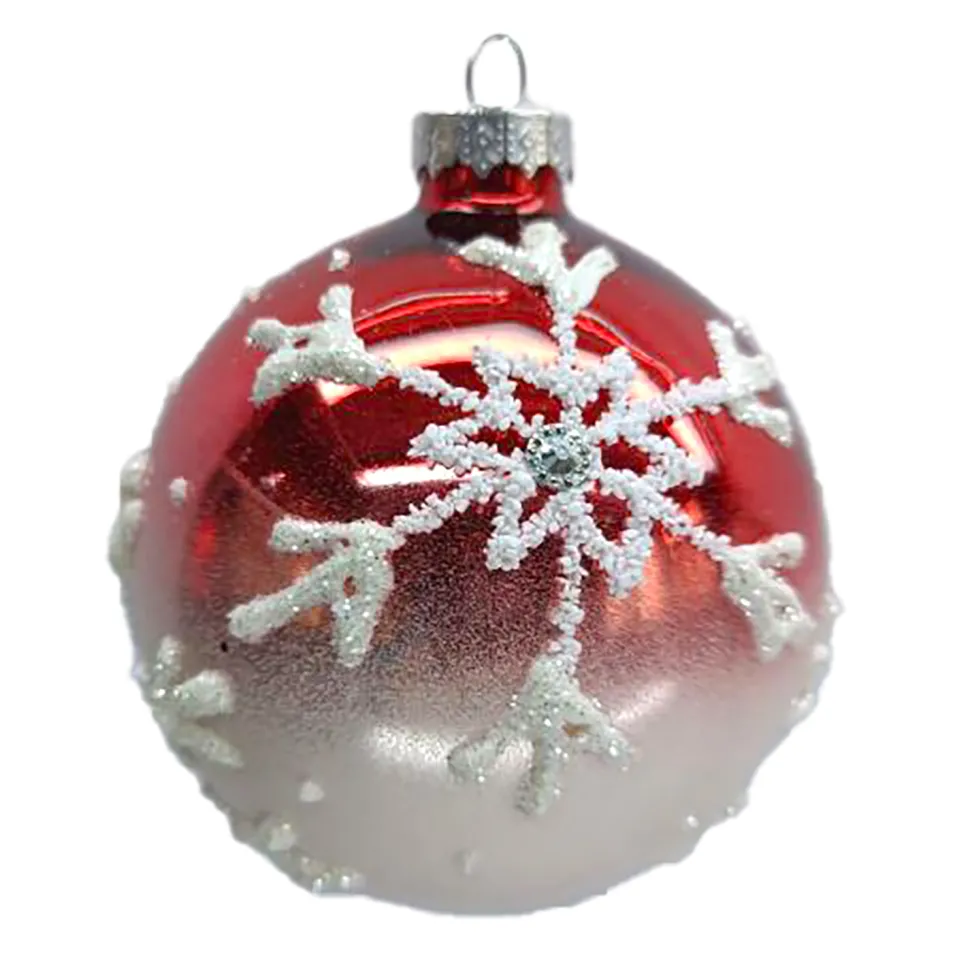 ORN GLASS BALL 3″ RED SHINY/WHITE SNOWFLAKE W/ GLITTER