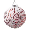 ORN GLASS BALL 3″ RED W/ WHITE LEAF PATTERN