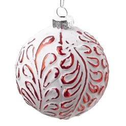 ORN GLASS BALL 3″ RED W/ WHITE LEAF PATTERN