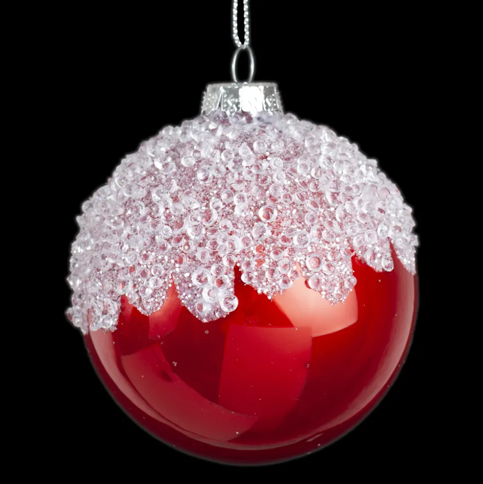 ORN GLASS BALL 3″ RED W/ICE TOPPING