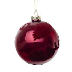 ORN GLASS BALL 3″ RED-BURGUNDY SHINY W/ FLOCKED SWIRL PATTERN