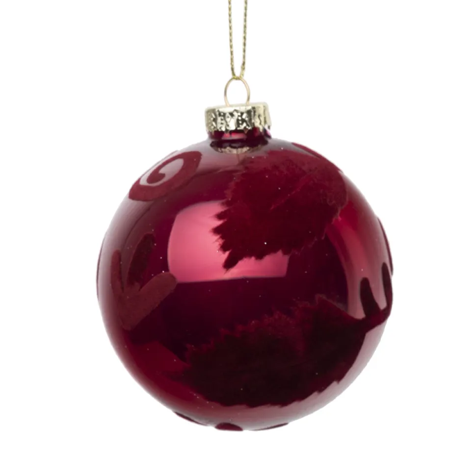ORN GLASS BALL 3″ RED-BURGUNDY SHINY W/ FLOCKED SWIRL PATTERN