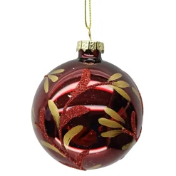 ORN GLASS BALL 3″ RED-BURGUNDY SHINY W/GOLD LEAVES