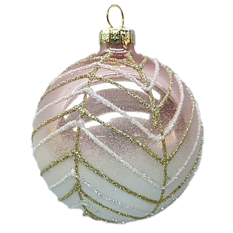 ORN GLASS BALL 3″ ROSE GOLD SHINY W/ CHAMP./WHITE GLITTER