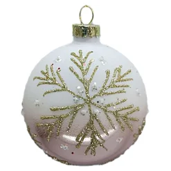 ORN GLASS BALL 3″ ROSE GOLD SHINY/WHITE W/ GOLD SNOWFLAKE