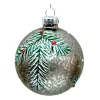 ORN GLASS BALL 3″ SILVER ANTIQUE W/ PAINTED PINE WITH RED BEERT BEADS