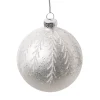 ORN GLASS BALL 3″ SILVER FROST W/ PARTIAL WHITE GLTR LEAVES