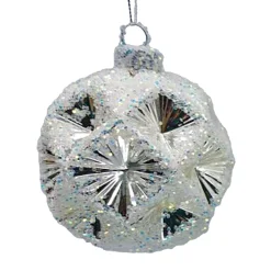 ORN GLASS BALL 3″ SILVER FROST DIAMOND W/ ICE GLITTER