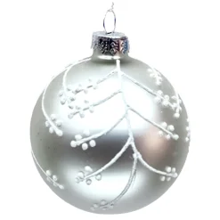ORN GLASS BALL 3″ SILVER MATTE W/ WHITE GLITTER & BERRIES