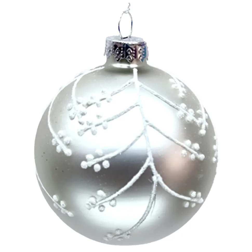 ORN GLASS BALL 3″ SILVER MATTE W/ WHITE GLITTER & BERRIES