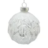 ORN GLASS BALL 3″ SILVER W/ WHITE LEAF PATTERN