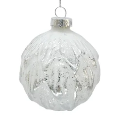 ORN GLASS BALL 3″ SILVER W/ WHITE LEAF PATTERN