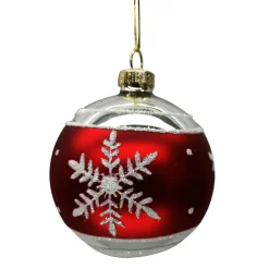 ORN GLASS BALL 3″ SILVER W/RED BAND W/SNOWFLAKE