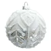 ORN GLASS BALL 3″ SILVER/WHITE LEAF W/ WHITE GLITTER