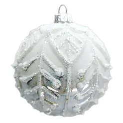ORN GLASS BALL 3″ SILVER/WHITE LEAF W/ WHITE GLITTER