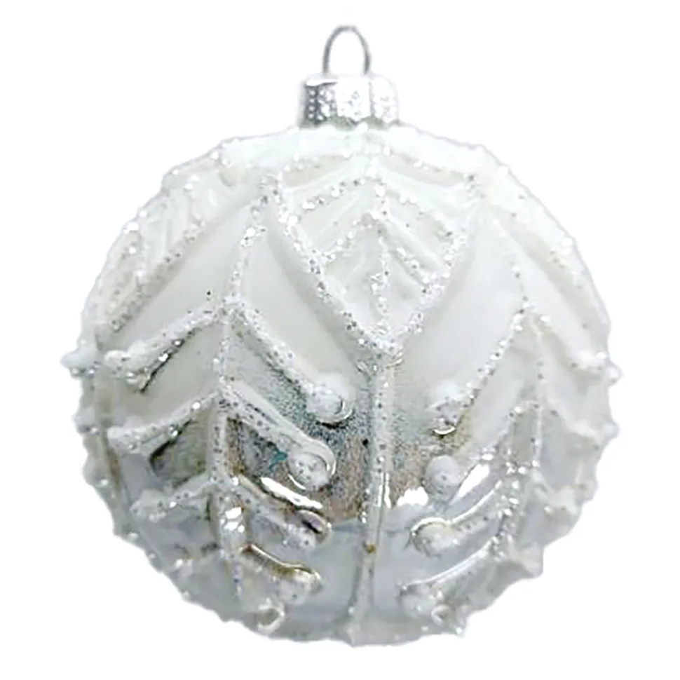ORN GLASS BALL 3″ SILVER/WHITE LEAF W/ WHITE GLITTER