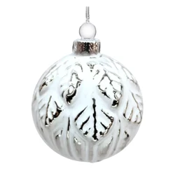 ORN GLASS BALL 3″ WHITE EMBOSSED LEAF W/ WHITE PAINT