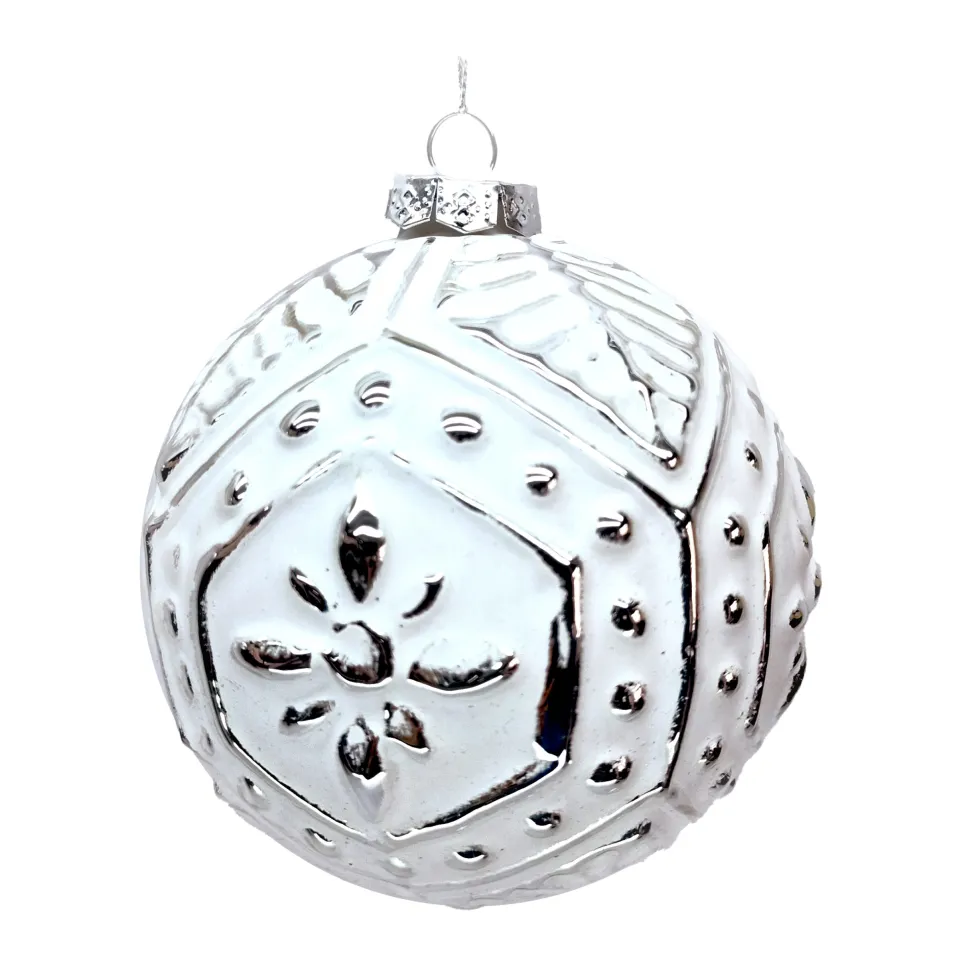 ORN GLASS BALL 4″ WHITE EMBOSED PATTERN