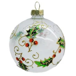 ORN GLASS BALL 3″ WHITE FROST W/ HOLY DESIGN