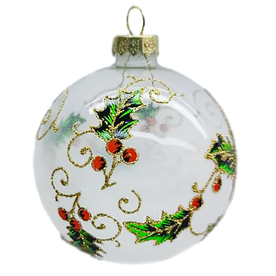 ORN GLASS BALL 3″ WHITE FROST W/ HOLY DESIGN