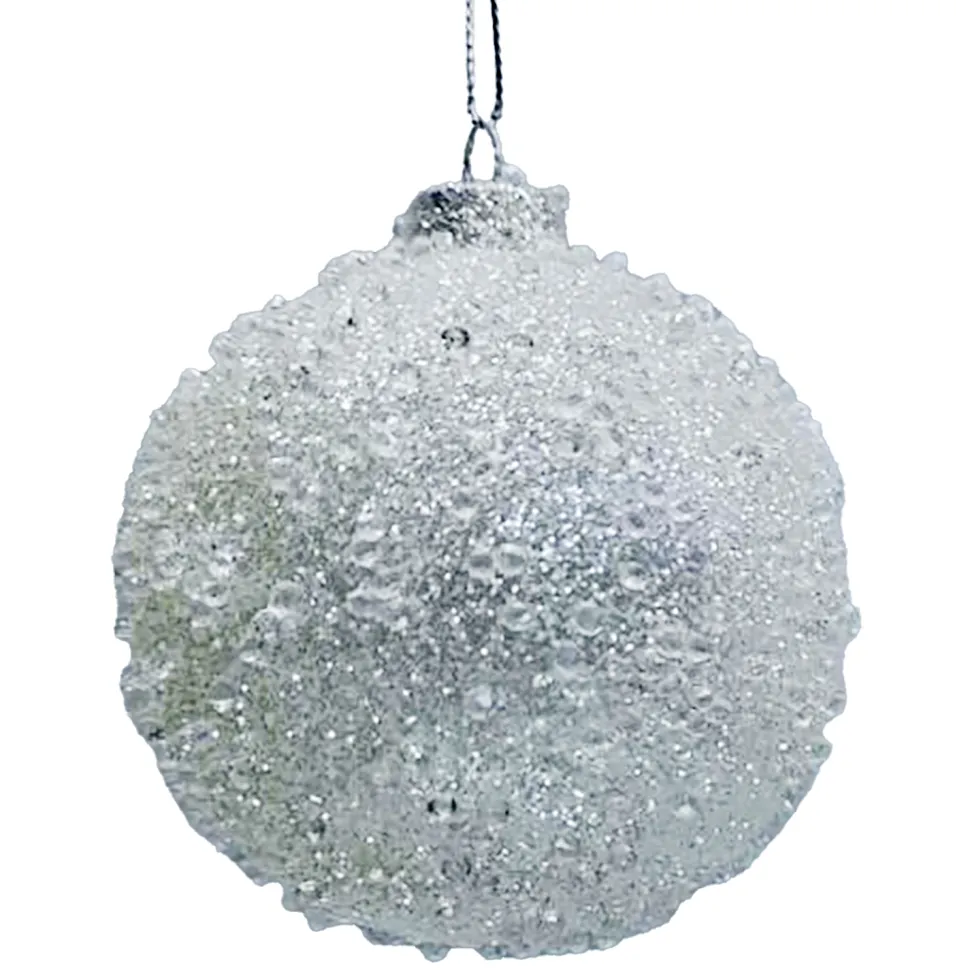 ORN GLASS BALL 3″ WHITE FROST W/ ICE GLITTER