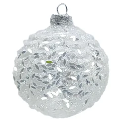 ORN GLASS BALL 3″ WHITE FROST W/ LONG IRIDESCENT GLITTER