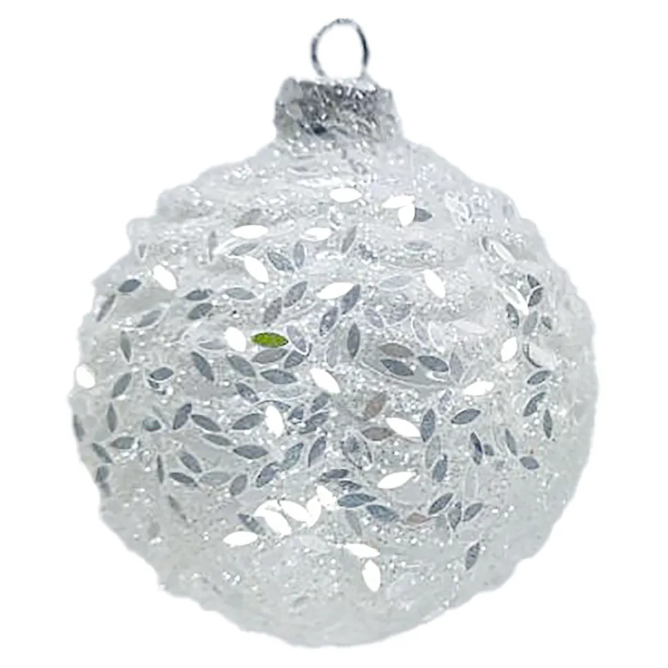 ORN GLASS BALL 3″ WHITE FROST W/ LONG IRIDESCENT GLITTER