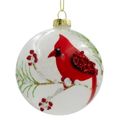 ORN GLASS BALL 3″ WHITE FROST W/ RED CARDINAL