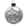 ORN GLASS BALL 3″ WHITE- MATTE W/ SNOWFLAKE & JEWELS