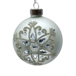 ORN GLASS BALL 3″ WHITE- MATTE W/ SNOWFLAKE & JEWELS