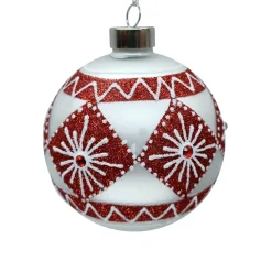 ORN GLASS BALL 3″ WHITE- MATTE W /RED DIAMOND SNOWFLAKE