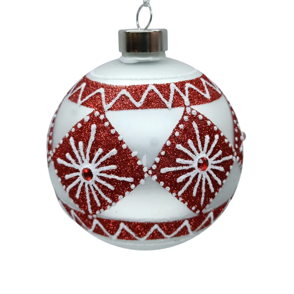 ORN GLASS BALL 3″ WHITE- MATTE W /RED DIAMOND SNOWFLAKE