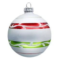 ORN GLASS BALL 3″ WHITE MATT W/ RED/GREEN LINE