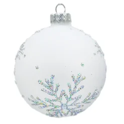 ORN GLASS BALL 3″ WHITE MATT SNOWFLAKE W/ SILVER GLITTER