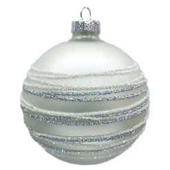 ORN GLASS BALL 3″ WHITE MATT RING W/ WHITE/SILVER GLITTER
