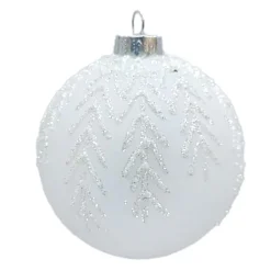 ORN GLASS BALL 3″ WHITE MATT FROST LEAF W/ GLITTER