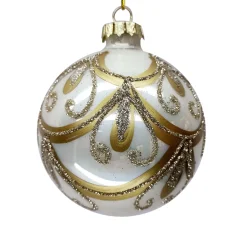 ORN GLASS BALL 3″ WHITE PEARL W/GOLDEN SWAG PATTERN