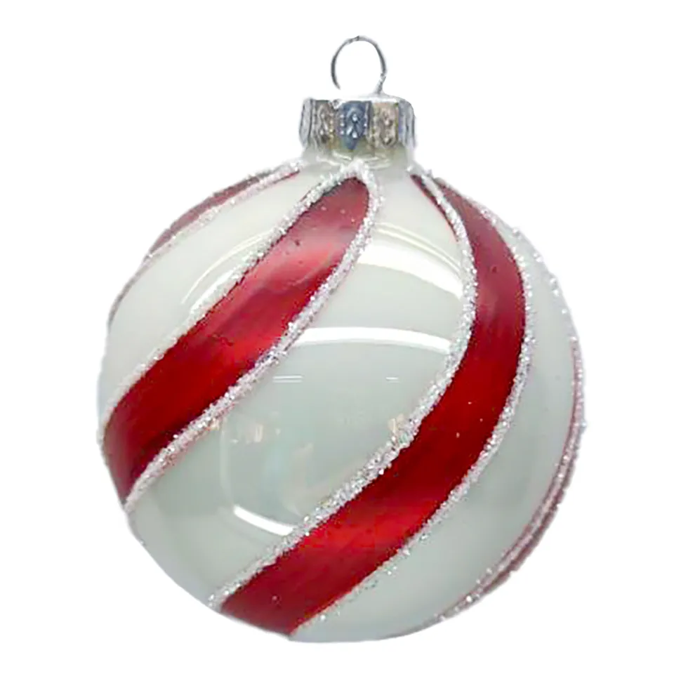 ORN GLASS BALL 3″ WHITE SHINY RED SWIRL W/ GLITTER