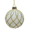 ORN GLASS BALL 3″ WHITE W/ GOLD DIAMOND GLITTER