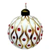 ORN GLASS BALL 3″ WHITE W/ GLITTER RED JEWEL DOT PATTERN
