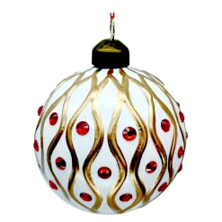 ORN GLASS BALL 3″ WHITE W/ GLITTER RED JEWEL DOT PATTERN