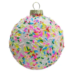 ORN GLASS BALL 3″ WHITE W/ MULTI CANDY SPRINKLE