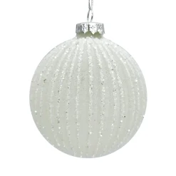 ORN GLASS BALL 3″ WHITE W/ICE GLITTER STRIPES
