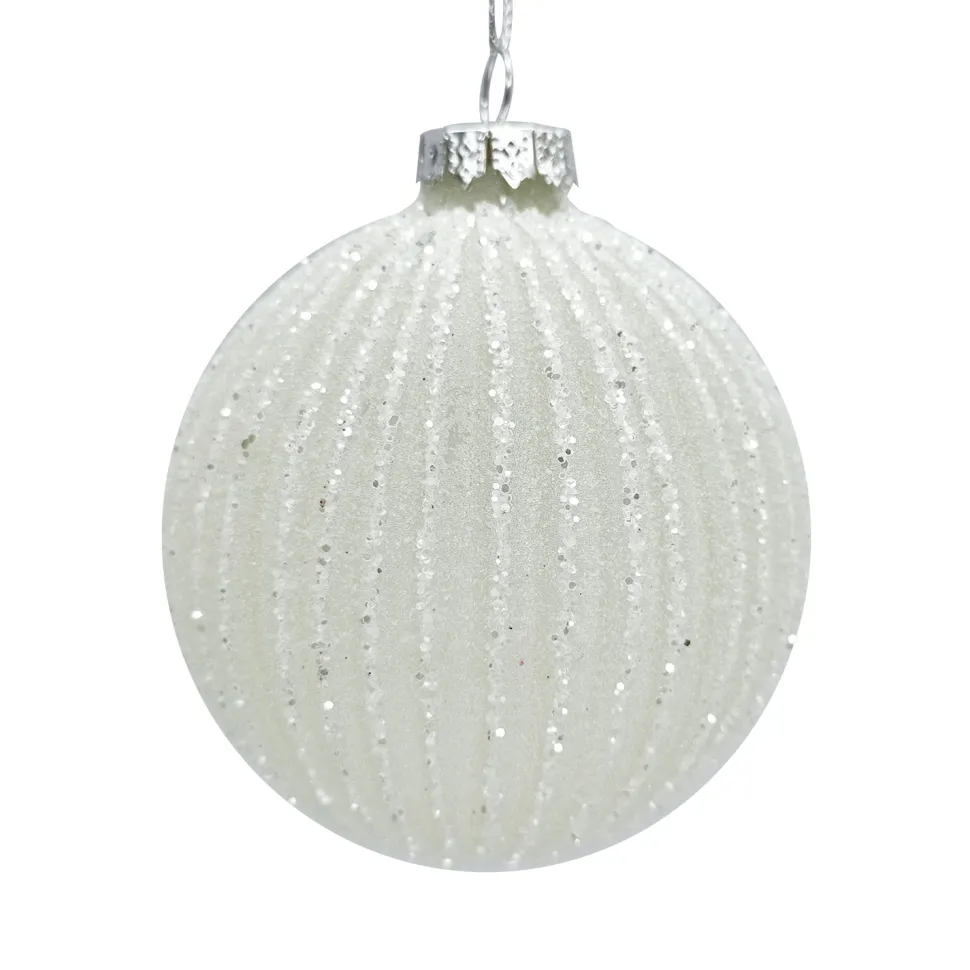 ORN GLASS BALL 3″ WHITE W/ICE GLITTER STRIPES