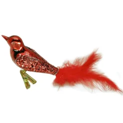 ORN GLASS BIRD 5″ RED W/FEATHER TAIL