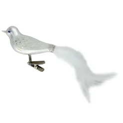 ORN GLASS BIRD 5″ WHITE W/ FEATHER TAIL